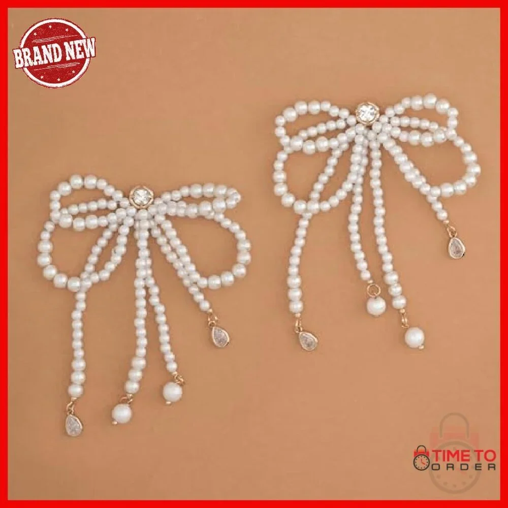 Silver Tone Brass Bow Earrings with Pearls and Crystals - 3.25
